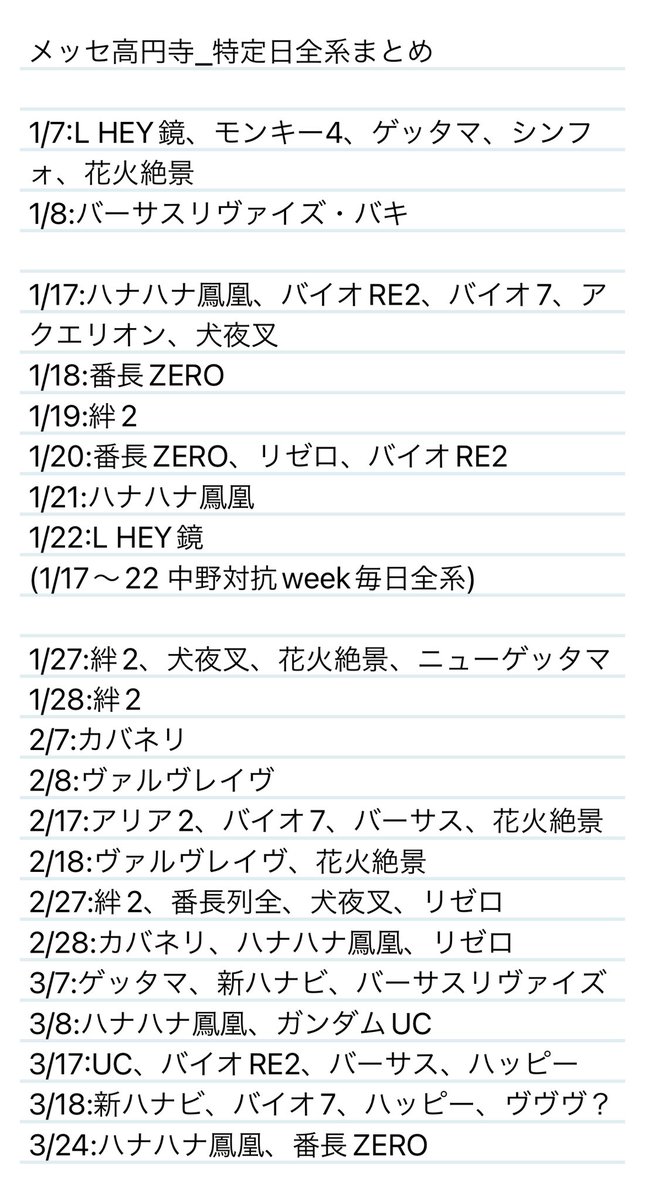 メッセ高円寺 本日3/27
〈全系〉
バイオRE2←全⑥⁉️
絆10台
アリア2
明日も二桁設置機種の全系あるか😤😤
