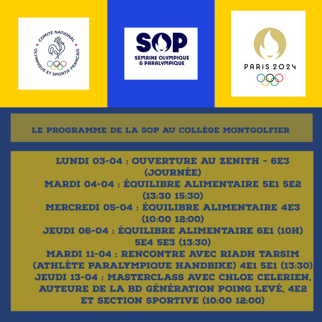 Le planning de la #sop2023 au <a href="/Clg_Montgolfier/">Collège Montgolfier - Paris centre</a> <a href="/Academie_Paris/">Académie de Paris</a> <a href="/MParisCentre/">Mairie de Paris Centre</a> #generation2024