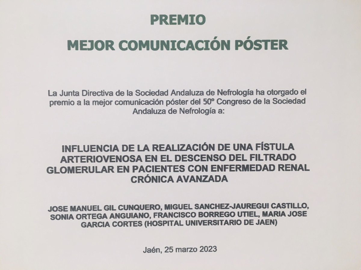 NefrologiaJaen's tweet photo. El servicio de Nefrología de Jaén recibe el 1️⃣premio🥇 a la mejor comunicación póster. Sus autores de la Unidad ERCA los  Drs JoseManuel Gil, Miguel Sánchez-Jauregui y Sonia Ortega les damos la enhorabuena. Excelente trabajo‼️‼️. 👏🏻 👏🏻👏🏻 https://t.co/WpUcoKDsAV