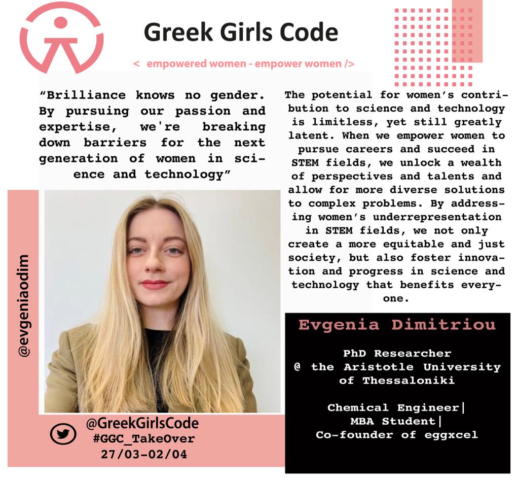 GreekGirlsCode's tweet photo. 👩‍💻#GGC #Twitter Takeover: Starting today: Evgenia Dimitriou, PhD researcher at Aristotle University of Thessaloniki takes over @GreekGirlsCode sharing her perspective as a Greek woman working in #STEM ! Follow us &amp; keep up with some exciting content! #STEM #WomenInSTEM https://t.co/znbUqVDOap