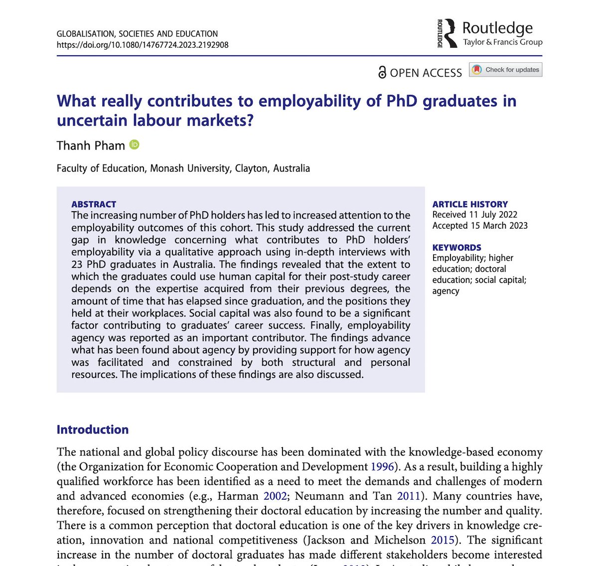 VERY pleased to share my new pub. We know #employability of PhD graduates is a problem but we know little about how to address it. Here I explored the problems AND how to address them. Appreciate your share ... tandfonline.com/doi/full/10.10…