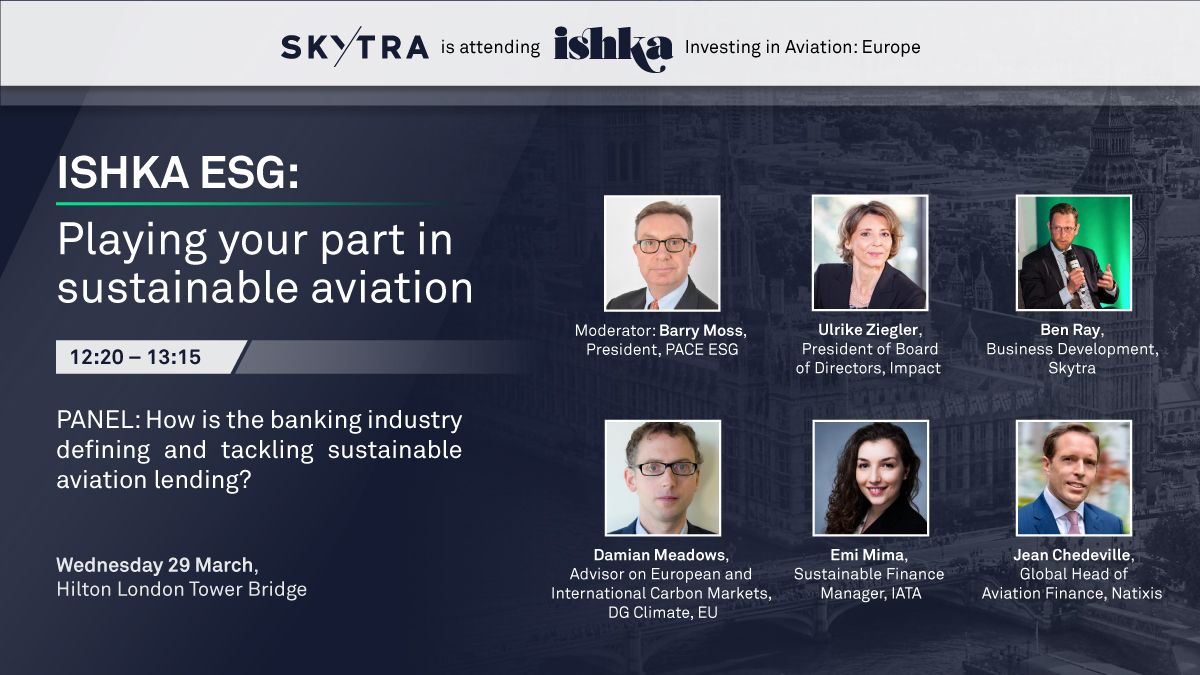 #Skytra will speak on a #sustainablefinancing panel alongside industry experts from #PACEESG, #IATA, #Natixis #DGClimate and #IMPACT on Wednesday this week. The panel will cover sustainable aviation lending including the EU ETS revision on European and global carbon pricing.