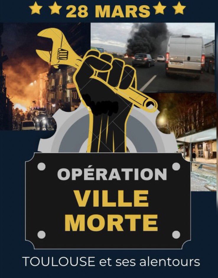 🚨OPÉRATION VILLE MORTE #TOULOUSE🚨

* RENDEZ VOUS MARDI 6H DANS LES DIFFÉRENTS POINTS DE BLOCAGES 
* BLOCAGE PÉRIPHÉRIQUE 
* BLOCAGE RONDS POINTS 
* BLOCAGE ZONE INDUSTRIELLE 

OBJECTIF : TOULOUSE À L’ARRÊT