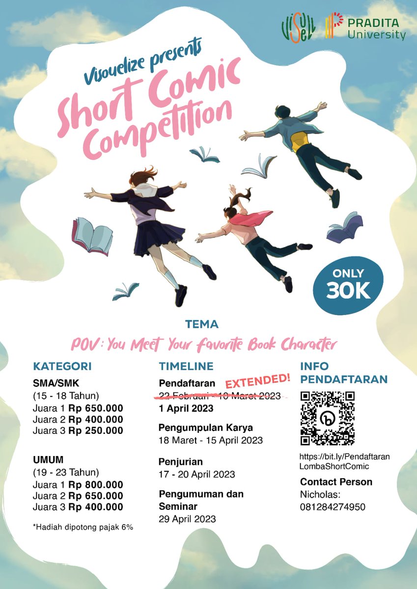 Buat temen-temen artist! Yang lagi nyari lomba ilustrasi berhadiah

Bisa banget nih ikut daftar short comic competition, temanya kmu ktemu ayang gepeng kmu :) 

Ada webinarnya jugaa yang langsung dibawakan sama salah satu komikus Indonesia yang terkenal di dunia webtoon lhoo !!