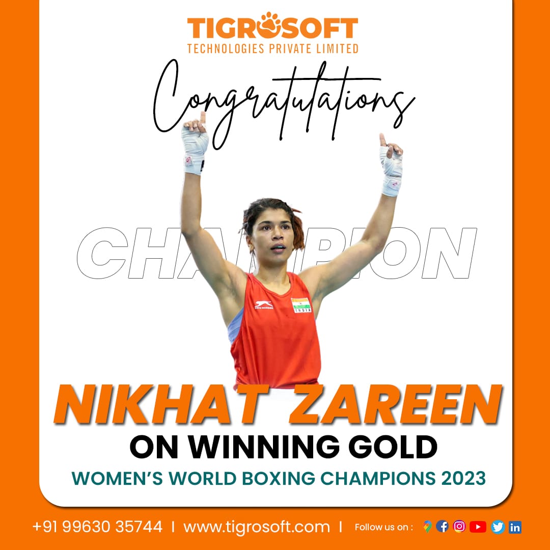 tigrosoft's tweet photo. Congratulations to Nikath Zareen on achieving a gold medal at women's world boxing championship 2023 ! Your hard work, dedication, and perseverance have paid off, and you have made Telanganand proud. Well done! #nikathzareen #womensworldboxingchampionship2023 https://t.co/cDriJ40y34