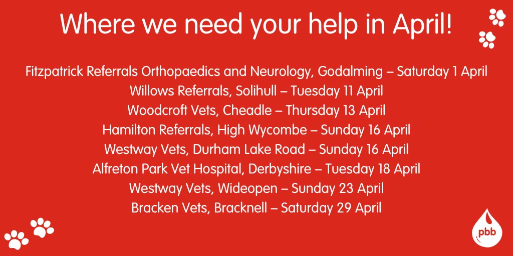 We are particularly appealing for owners to help us at the following sessions in April 🐶🩸 

If your dog is a donor in one of these areas and you are available to come along to the session, please book in using our mobile app, or give us a call on 01509 232 222. 

Thank you ❤️
