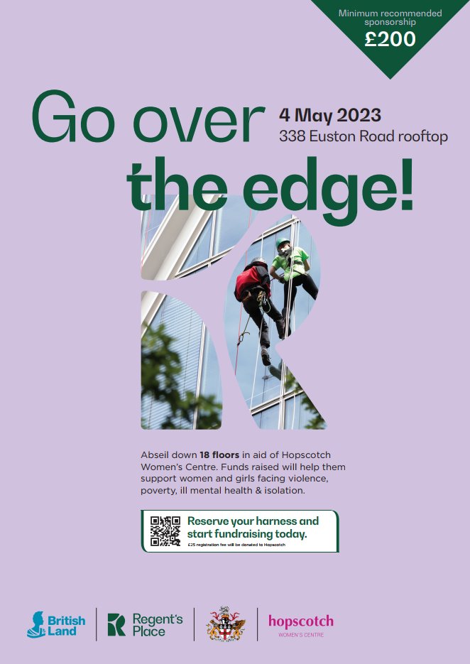 Hopscotchwc's tweet image. We are so excited that British Land and Regents Place are supporting us with this fundraiser!

If you would like to tick something off the bucket list and abseil off of a building, then use the QR code to sign up.