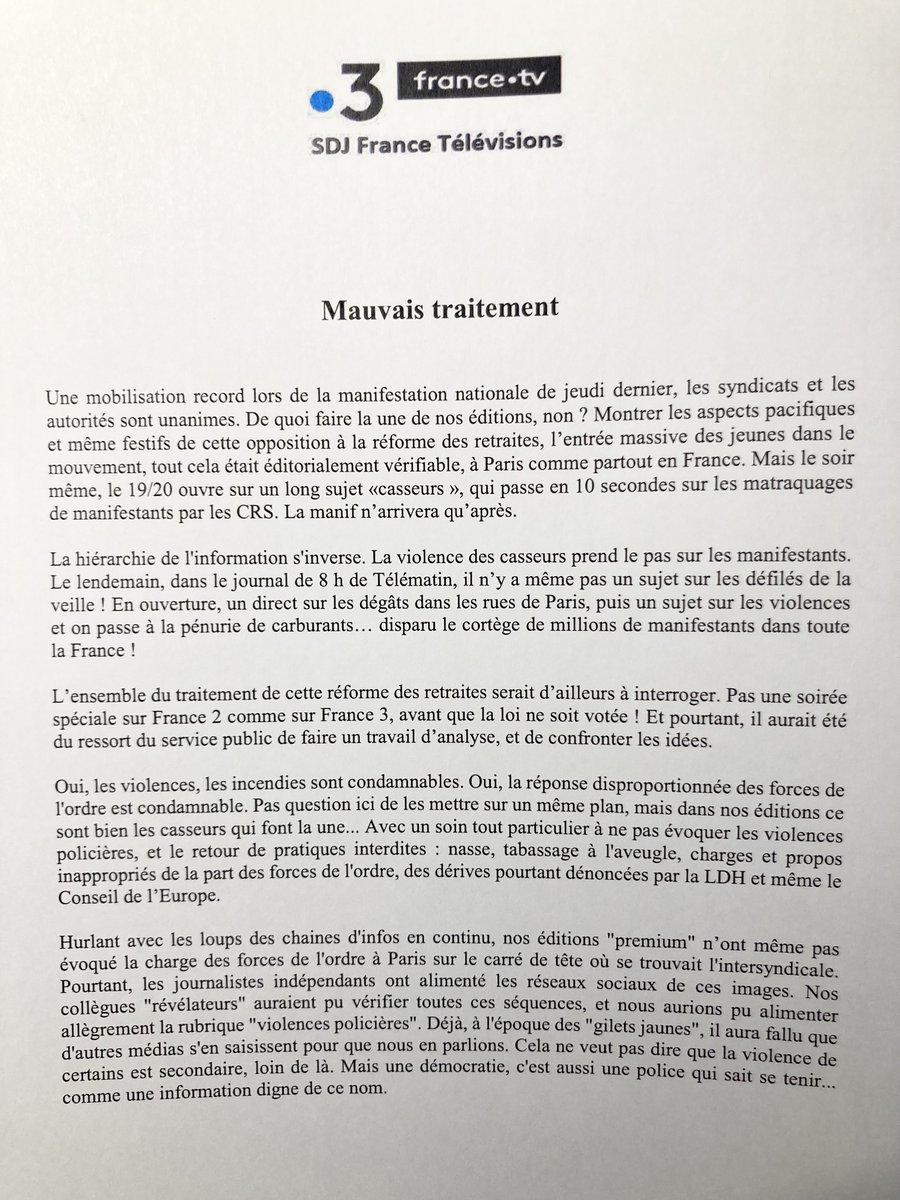 La Société des Journalistes de #France3 Rédaction Nationale dénonce le « Mauvais traitement » de la #ReformeDesRetraites &amp; #Manifestations dans les #JT #FranceTelevisions 🔽