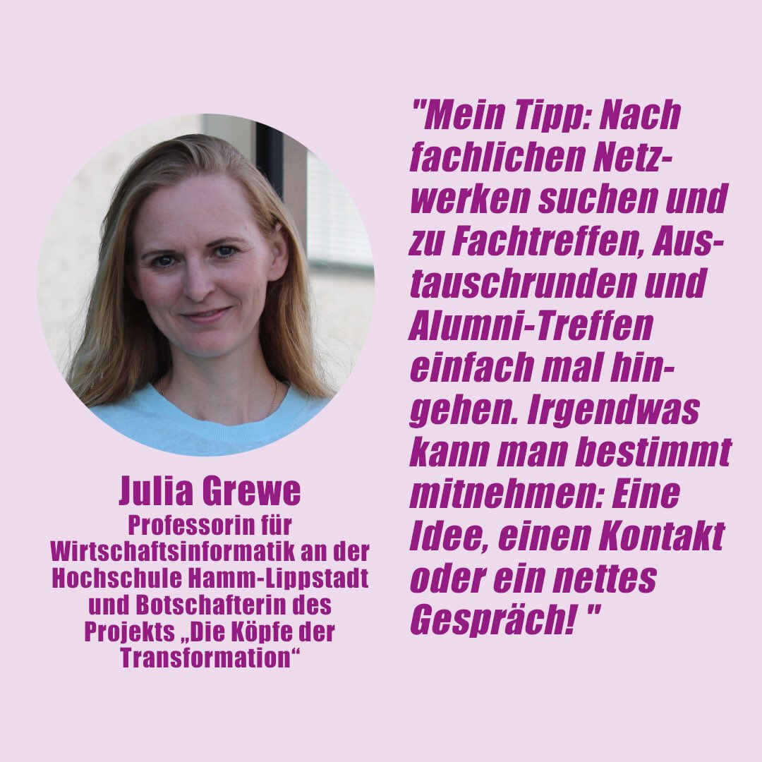 Eine Botschafterin des Projekts „Die Köpfe der Transformation“ ist Julia Grewe. Im Interview mit SHE works! sprach sie über Frauen in der Wissenschaft und wie wichtig es ist, sich ein gutes Netzwerk aufzubauen.