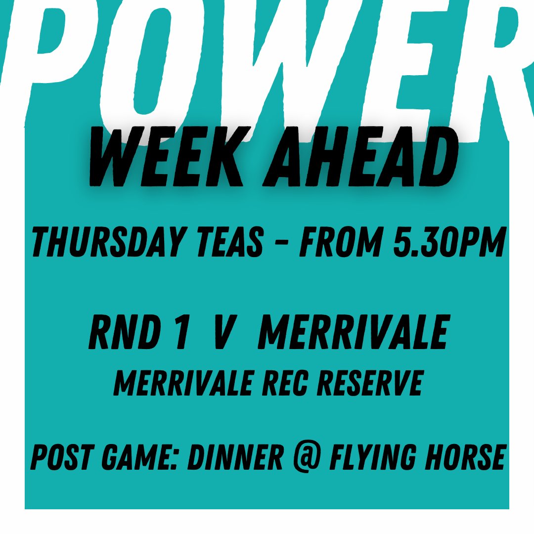 ROUND 1 WEEK AHEAD 🏐🏉⚡
We're rolling quickly into Round 1 and the buzz can be felt around the club. 
Make sure to head into the rooms for teas post training, buy a raffle ticket and hear the Round 1 teams announced.
GO POWER ⚡⚡