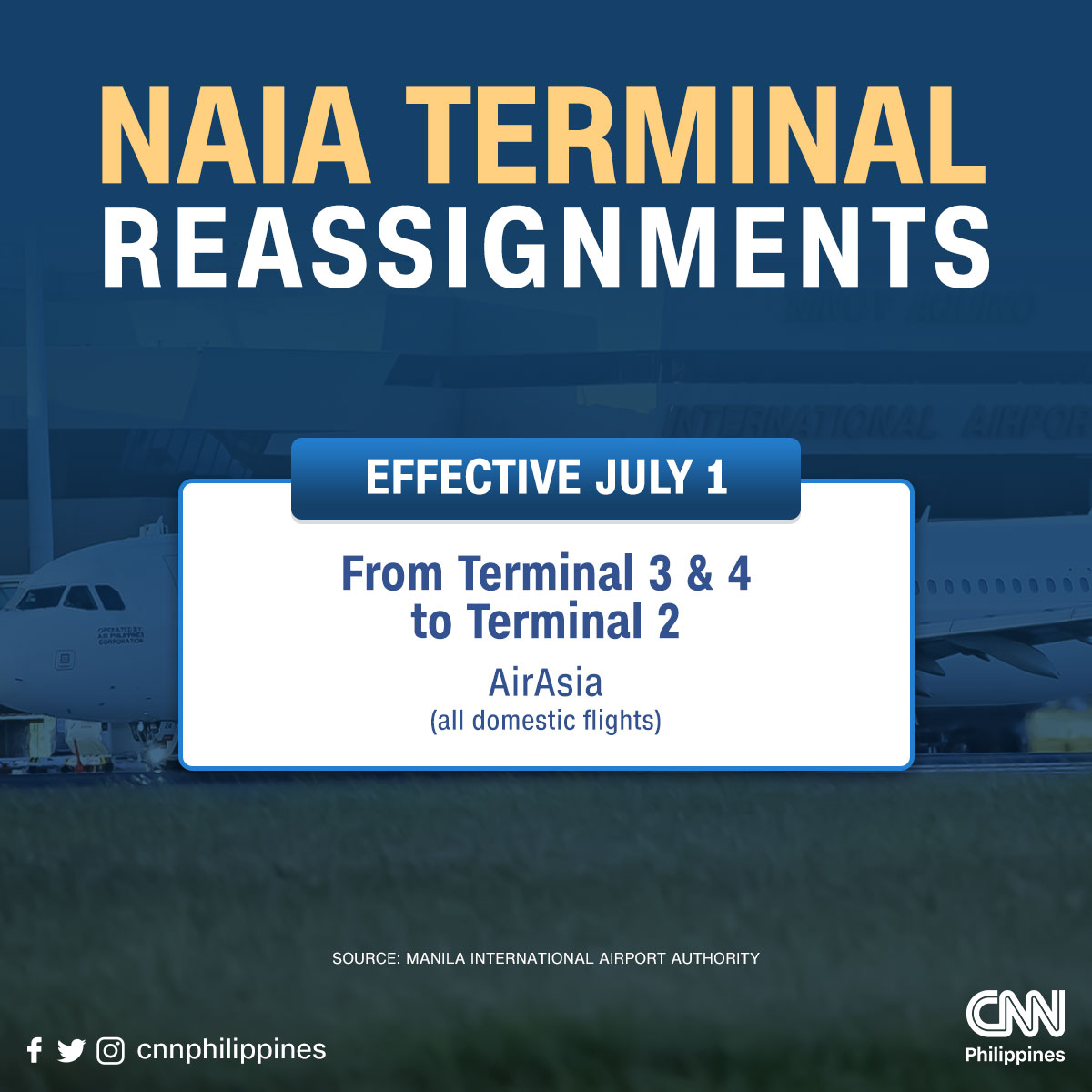 newswatchplusph's tweet photo. Heads up! ✈️ Check if your flight's terminal has been changed.

The Manila International Airport Authority is set to continue its terminal reassignment of airlines at the Ninoy Aquino International Airport beginning April. https://t.co/Ni4v3zQWgA https://t.co/WbJ3nLTvvL