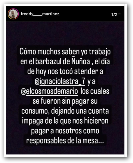 gene_llerena's tweet photo. ¿quién es "ignacio lastra" y "el cosmosdemario"? q habrían dejado una cuenta impaga en el barbazul de "ñuñoa" cuyo dueño lo descontó a los garzones por $140.100? ¿perro muerto? 🤔🤔🤔 https://t.co/HBjLrB0cMW