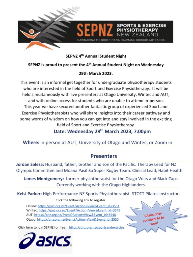 The <a href="/SportsPhysioNZ/">Sports & Ex PhysioNZ</a> Annual Student  Night is on this Wednesday!! We have three amazing speakers and prizes up for grabs from #asics 

Register here pnz.org.nz/Event?Action=V…