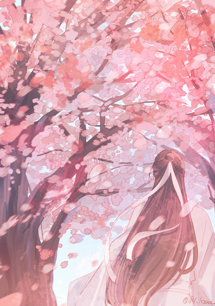 long hair male focus 1boy solo tree cherry blossoms chinese clothes  illustration images