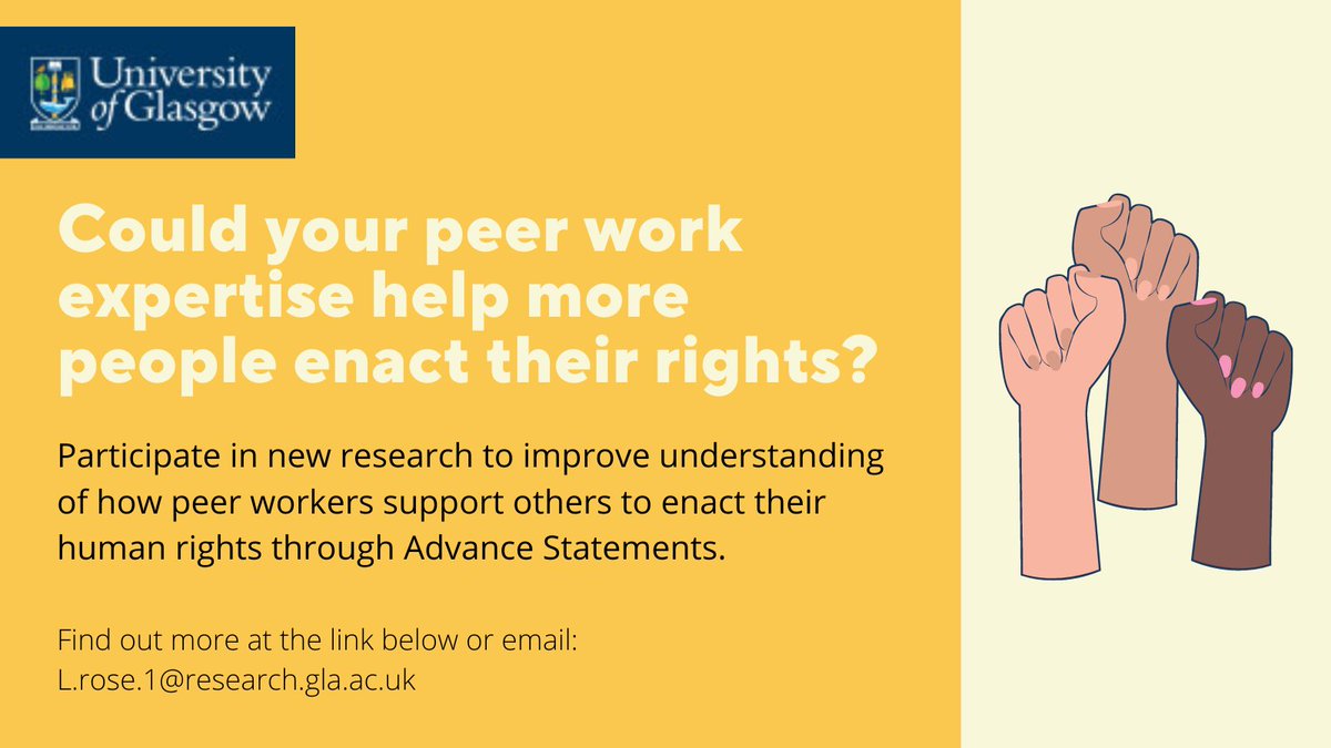 We have been learning so much from the valuable contributions of participants so far! If you're a peer worker in Scotland with experience of advance statements, be it a lot or a little, we would love to hear from you. Find out more and sign up here: uofg.qualtrics.com/jfe/form/SV_e5…