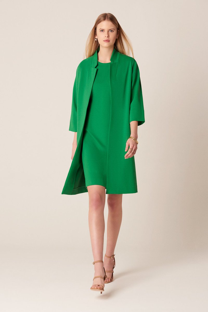 Event dressing with comfort and style, heaven. 
Easy edge to edge coat designed in our super stretchy #PontediRoma jersey, worn here by Tina over our simple shift dress.
Both available in black, rhubarb pink and emerald green. 

#occasiondressing #Fashionista #wedding