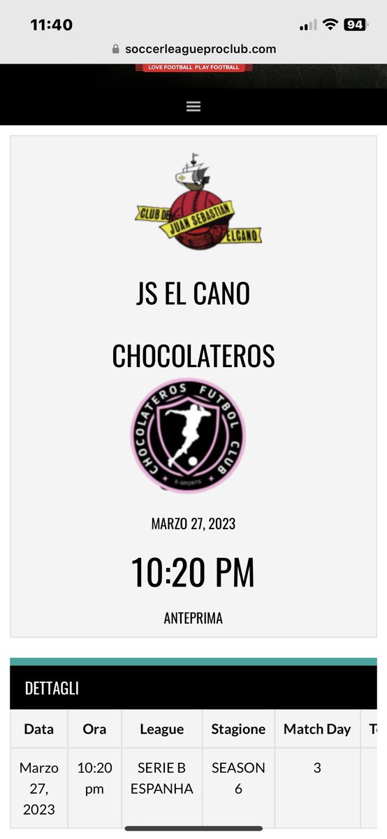 Empezaremos la noche jugando contra <a href="/J_S_ELCANO/">JS ELCANO</a>. 

Pelearemos duro para seguir alzando nuestro club a lo más alto 

Gran partido en la <a href="/SoccerLeagueEsp/">Soccer League</a> 

#SentimientoChocolatero