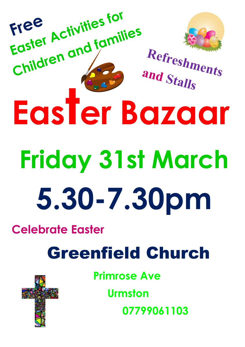 Join us this Friday for our #Easter Bazaar - a whole range of craft and other Easter-themed activities and stalls for all ages! Refreshments available as well. #urmston #easteractivities