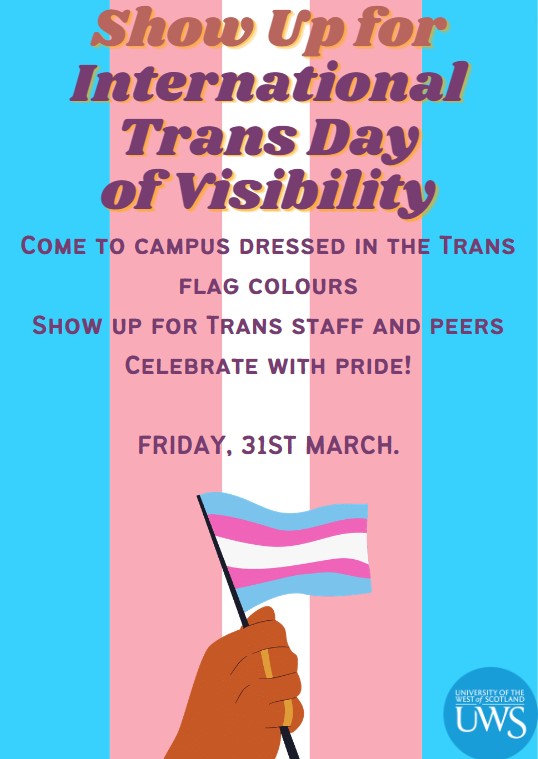 Remember🏳️‍⚧️Its International Trans Day of Visibility on 31 March. We are inviting all @UWS staff &amp; students to come onto campus on the 31st March dressed in the trans flag colours.  Staff &amp; students can post pictures of themselves on the day #TDoV2023 #TDoV <a href="/uwsequality/">@UWSEquality</a>