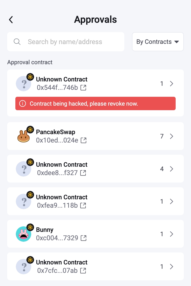 Rabby_io's tweet photo. ⚠️#BSCex SwapX contract vulnerability alert

We've flagged all the compromised contracts. Please check your Rabby wallet to see if you're affected. If you see the warning, revoke the approval ASAP. https://t.co/DbaVEdY7lD