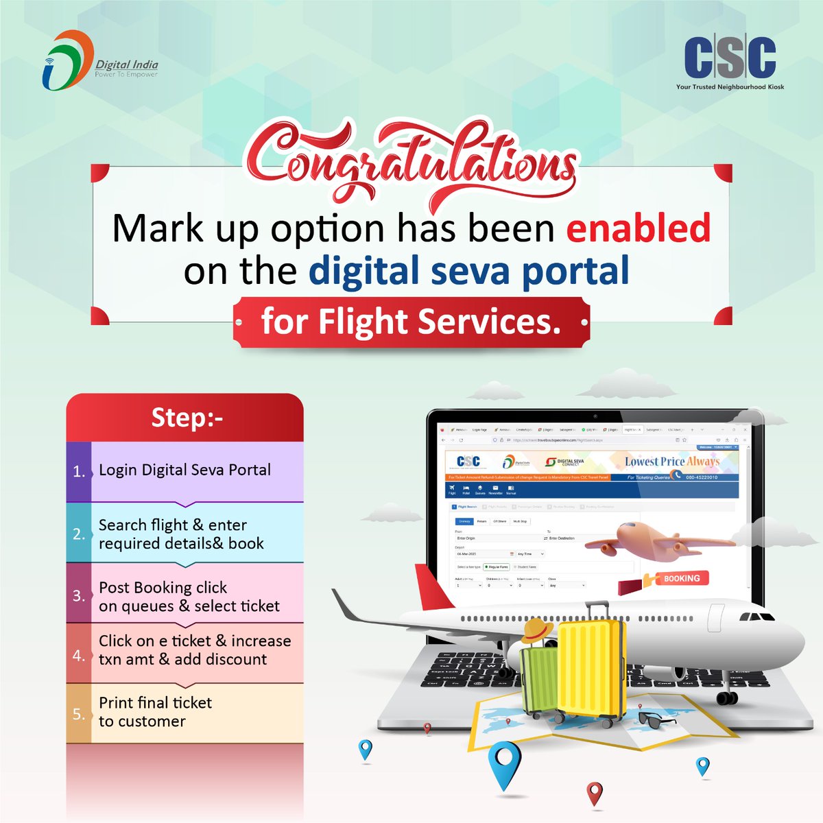 CscSafar's tweet photo. Good News for All CSC VLEs!!🎉

Markup option has been enabled on digital Seva Portal for FLIGHT SERVICES.

Now all CSC VLEs Can earn additional commission.

#cscsafar #csc #digitalindia #cscflightservice #travelservices #flightbooking #booking #commissions #digitalsevaportal https://t.co/271qYkxY6V