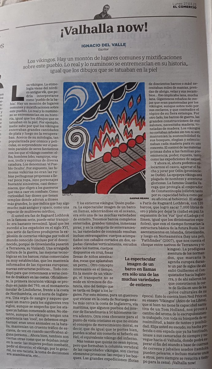 Arturo_Garcia67's tweet photo. El artículo de opinión de @ignaciodevalle en la edición impresa de @elcomerciodigit del 27-03-23, titulado "¡Valhalla now!".
#Vikings #vikingos #Valhalla
Cc @AticoLibros #neilprice https://t.co/XhIc7kkhWT