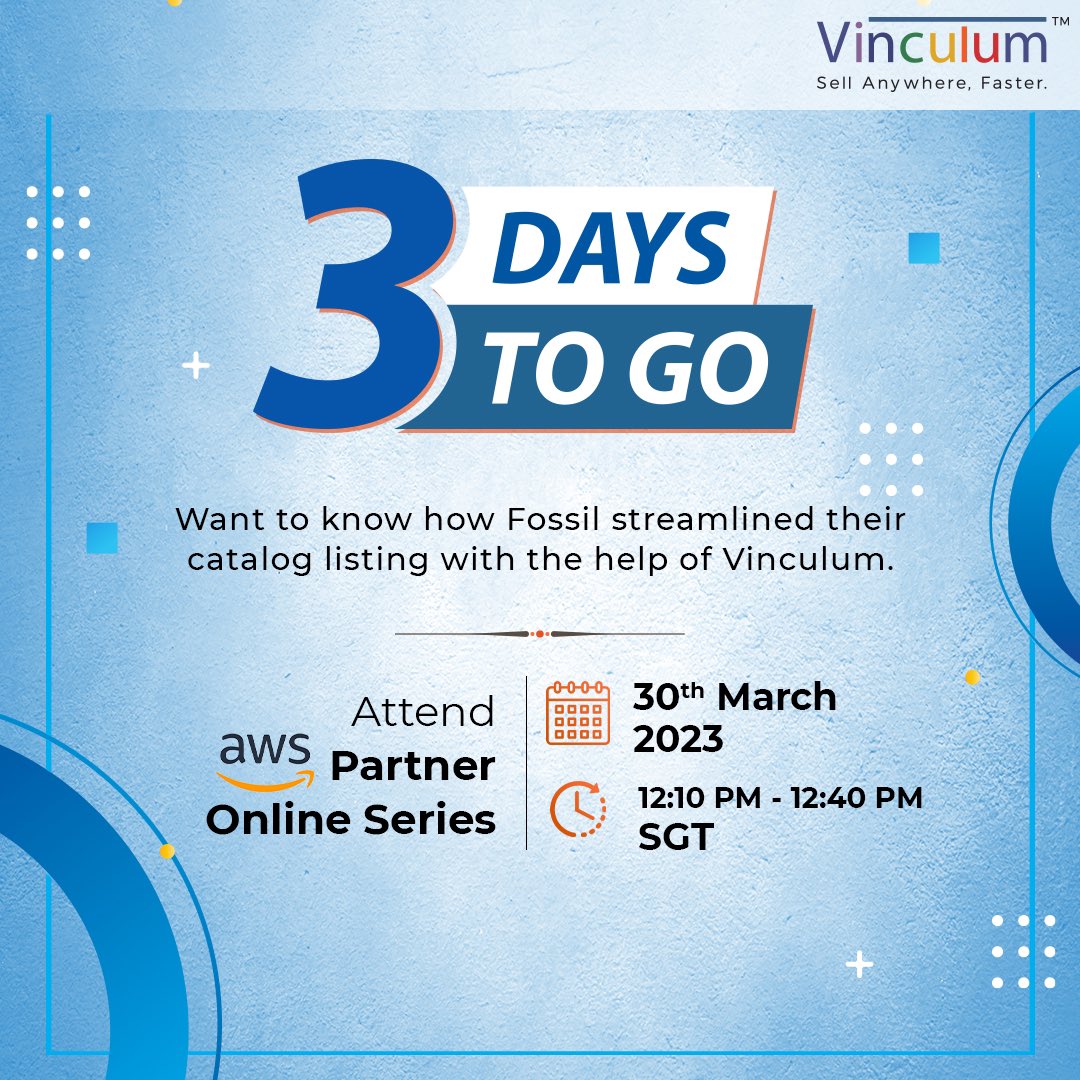 Discover how Vinculum helped Fossil to simplify their catalog listing and boost efficiency.

Attend AWS Partner Online Series on 30 March at 12: 10 PM SGT!

#aws #fossil #marketplaces #distribution #listingsolutions #globalbrands #sellanywherefaster