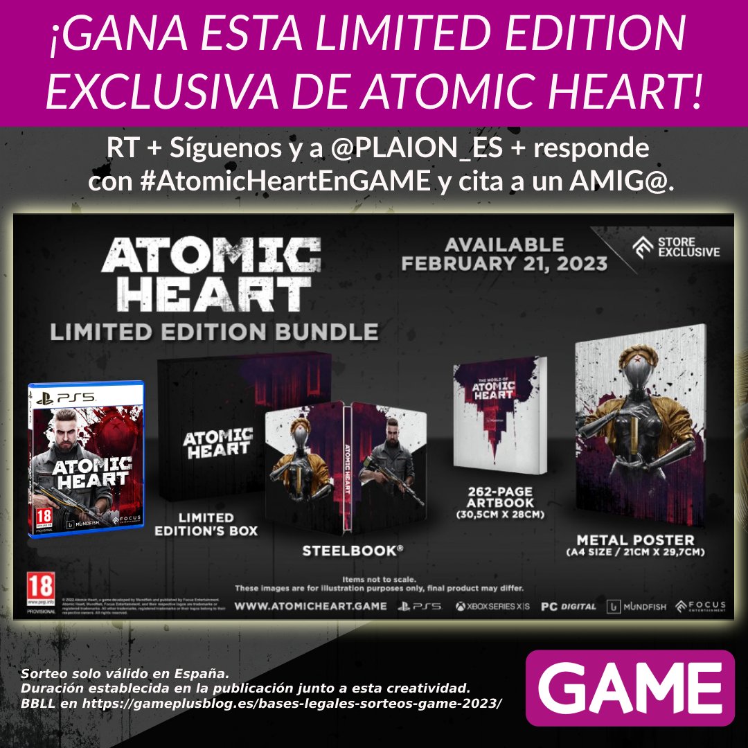 VideojuegosGAME's tweet image. ☢ ¡GANA esta EDICIÓN LIMITADA de #AtomicHeart! ☢

🔄 RT + Síguenos y a @PLAION_ES.
📲 Responde con #AtomicHeartEnGAME y cita a un AMIG@.
⏱ Participa hasta el 30/03/2023 a las 23:59h.

¡Consigue ya el juego en GAME con LÁMINA METALIZADA exclusiva! ➡ ow.ly/c6qe50NooTt