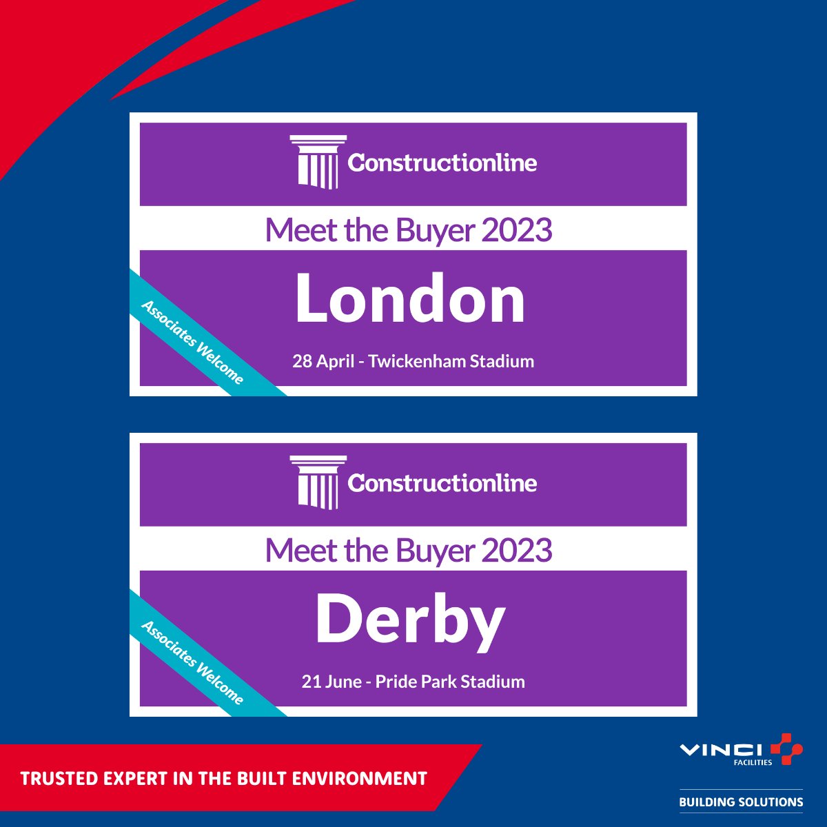 Save the date in your diaries and register for <a href="/constructline/">Constructionline</a> Meet the Buyer events!

Come and visit us in both London and Derby. 

Twickenham Stadium, London - ow.ly/ePSN50MBZYt

Pride Park Stadium, Derby - ow.ly/I1yS50MBZYw 

#MeetTheBuyer #Construction #SupplyChain