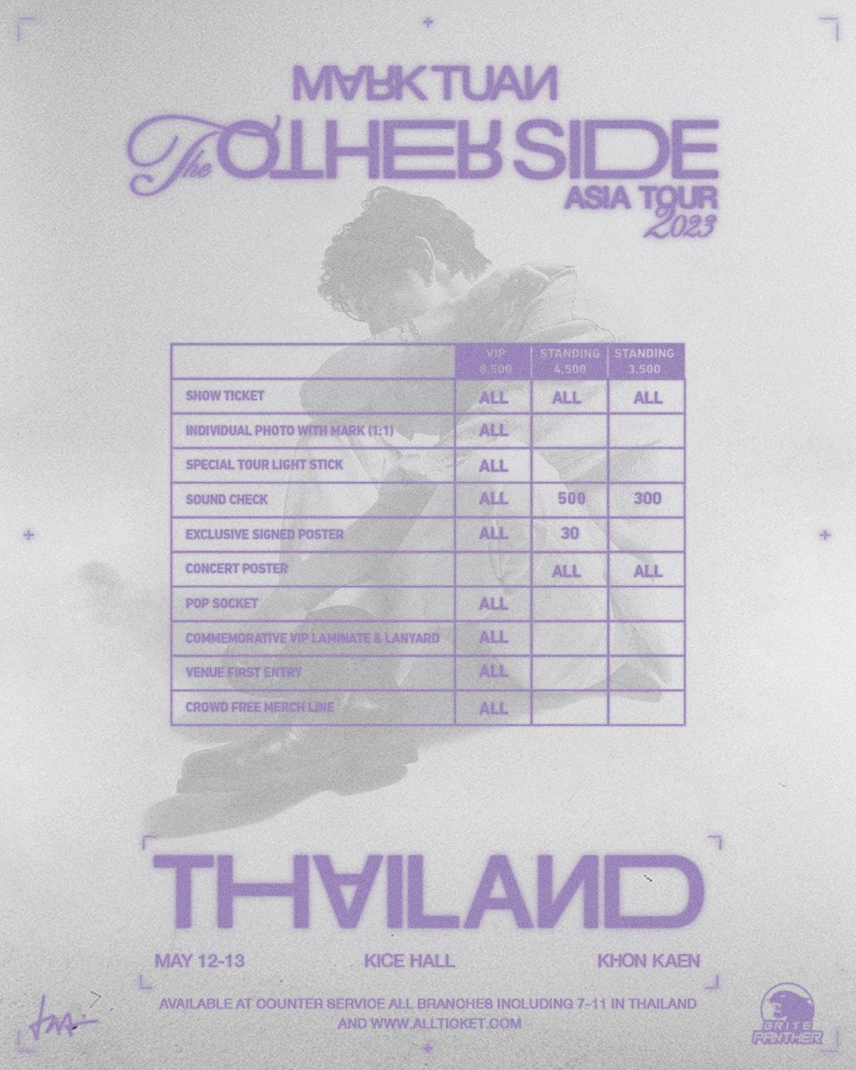 brite_panther's tweet photo. [ประกาศ] ผังและสิทธิพิเศษ "Mark Tuan" #theothersideASIATOUR 2023 [THAILAND]

รอบกรุงเทพ 🎫 ราคา 8,500 (VIP)/5,500/4,500/3,500/2,500
⏰ 2 เม.ษ. 66 (10.00น. เป็นต้นไป)

รอบขอนแก่น 🎫 ราคา 8,500 (VIP)/4,500/3,500
⏰ 2 เม.ษ. 66 (17.00น. เป็นต้นไป)

🎟️ จำหน่ายทาง 7-11, https://t.co/u2rA5Q8jQ1 

รายละเอียดเพิ่มเติม : (https://t.co/yqX1RhwgGc)

#MarkTuan #Mark
#theothersideAsiaTour
#BritePanther #Thailand
#Bangkok #KhonKaen #KICE