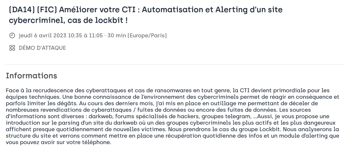 _SaxX_'s tweet photo. [📢🔊 Améliorer votre CTI : Automatisation et Alerting d’un site cybercriminel, cas de lockbit !]

Cette année pour le @FIC_eu, je vais donner sur la scène du #HackingLab, une conférence orientée #CTI.

#FIC #Lille @LilleGrandPalai https://t.co/0kXyQbNQkn