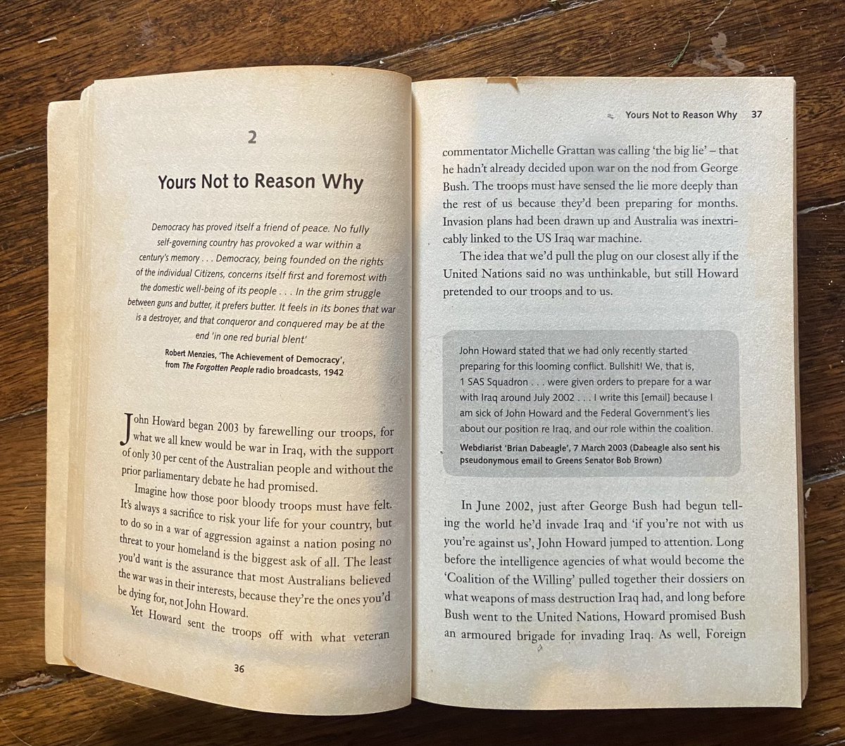 margokingston1's tweet photo. Re-read ‘Yours not to reason why’, my chapter on us invading Iraq in Not Happy John, first time in 20
years. Big memories.
#Webdiary’s Iraq discussion was the best quality in its life. Long pieces for and anti, civil discussion, depth.
mtc https://t.co/DqOH1QzZbY