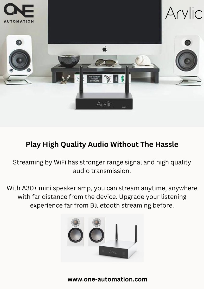Arylic A30+ is a compact wireless streaming amplifier that allows you to stream high quality stereo audio!

Want to know more? Send us an email to info@one-automation.com

#automation #homeautomation #smarthome #smarthometechnolgy #audio #highqualityaudio #amplifiers #audiosystem