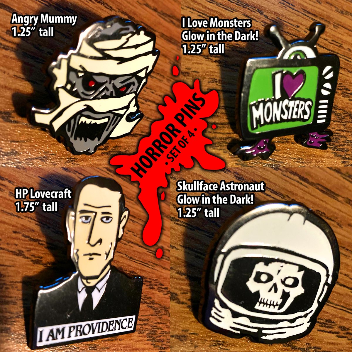 Last year I designed horror-themed collector pins for a new company & I have a few sets-of-4 available for $35 w/ shipping in USA included. Contact me at fandcproductions@yahoo.com

#horrorpin #pincollector #horrorpins #pinpost #pingamestrong #pingame #pinstagram #hplovecraft