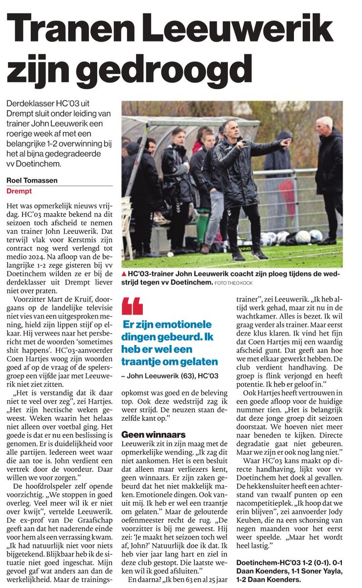 HC'03 wil exit door de voordeur voor John Leeuwerik.