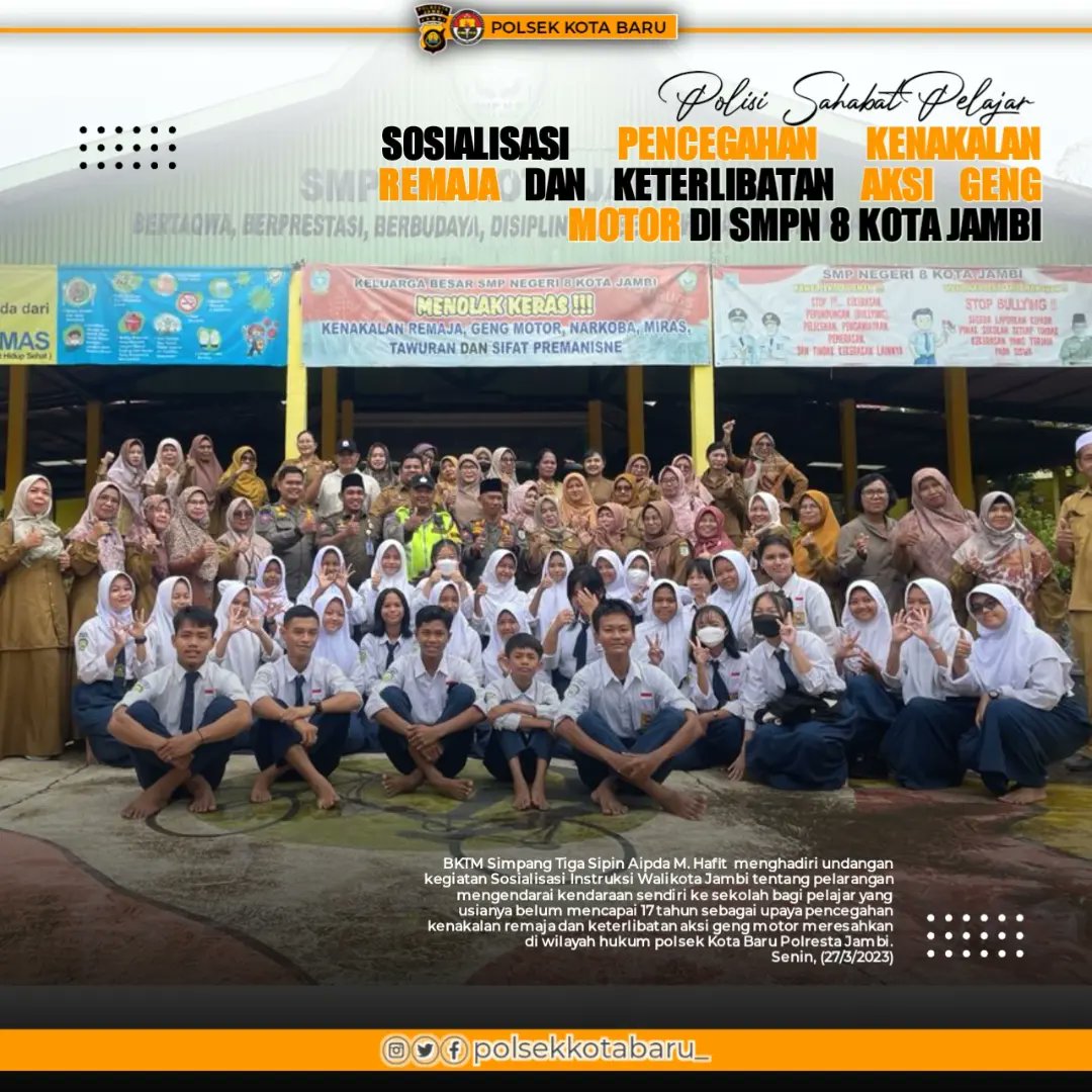 no_commentlah's tweet photo. BKTM Simpang Tiga Sipin menghadiri undangan kegiatan Sosialisasi Instruksi Walikota Jambi tentang pelarangan mengendarai kendaraan sendiri ke sekolah bagi pelajar yang usianya belum mencapai 17 tahun sebagai upaya pencegahan kenakalan remaja dan keterlibatan aksi geng motor https://t.co/qMs7F1sLQF