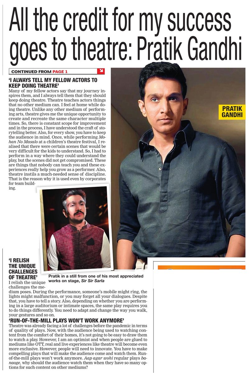 AhmedabadTimes's tweet photo. On #WorldTheatreDay, @pratikg80 talks about why actors should keep doing theatre, how he relishes the unique challenges that theatre  poses and more. 
 
Read: https://t.co/TZST0DidcE

#PratikGandhi https://t.co/bV3gmunjxN