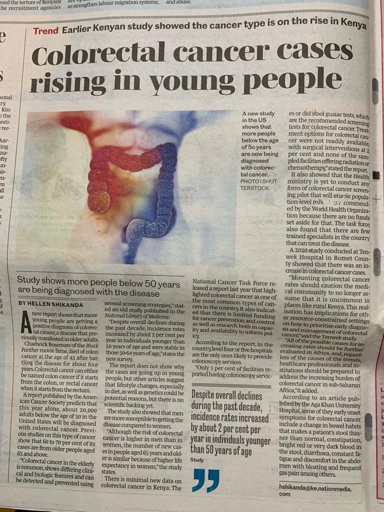Our #ReasonForBeing!

A recent study shows that in Kenya 🇰🇪 #ColorectalCancer cases are on the rise among young people. Similar studies have attributed this to lifestyle changes and genetics. #BeatNCDs 

@AKUHNairobi @HellenShikandah @ACS_Research @acsglobal @uicc @kenconetwork