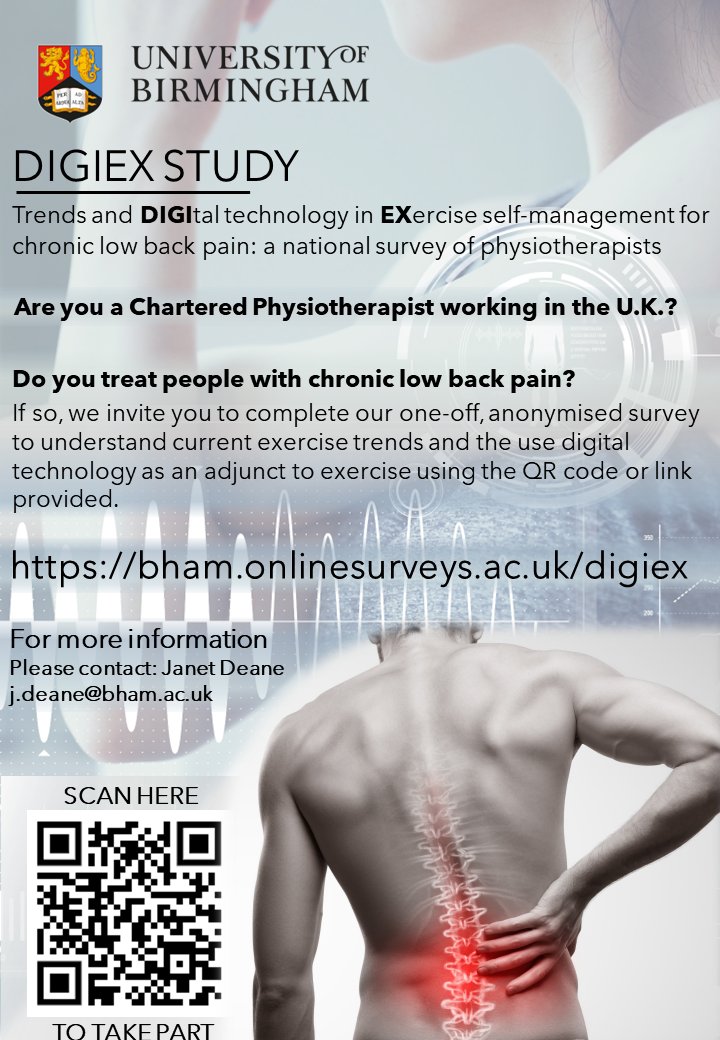 ⭐️Are you a UK based Chartered Physiotherapist? ⭐️Do you treat people with chronic low back pain? ⭐️If so, please complete this 10 minute survey using QR code below or Link: bham.onlinesurveys.ac.uk/digiex 🌞Retweets appreciated @UBSportExR @cprspine #digital #exercise #selfmanagement