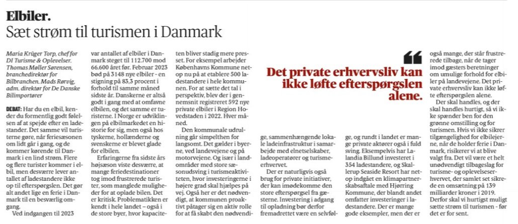 Med <a href="/Maria_K_Torp/">Maria Krüger Torp</a> og @MadsRorvig: Turismen i Danmark er i stigende grad afhængig af velfungerende lademuligheder til elbiler. Flere kommuner bør proaktivt påtage sig ansvaret for at få skabt en sammenhængende lokal ladeinfrastruktur #dkpol #kommunalpolitik