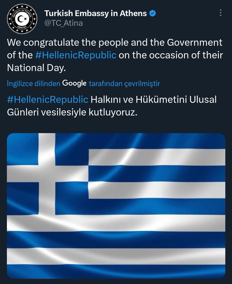 Türkiye Cumhuriyeti'nin Atina Büyükelçiliği, Yunanların Mora’da 50 Binden fazla Türkü katlettiği ve Yunan Bağımsızlık Gününü (#HellenicRepublic) diye kutlayarak skandala imza attı, biz de utandık.🇹🇷
Ama yapılan hiç bir şeyi de unutmadık, unutmayacağız.#Uyanış, #ParolaZafer,