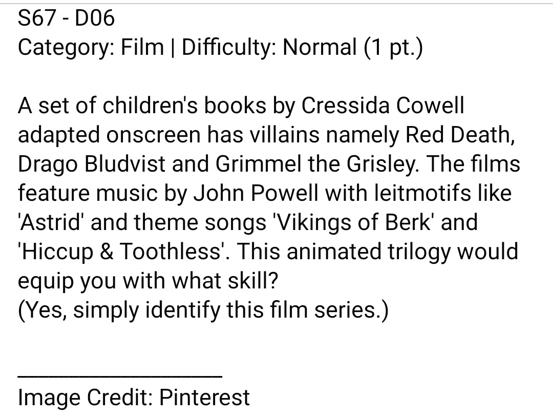 QuizKosh's tweet photo. S67 - D06
#film | Normal (1 pt.)

DM your answer plz.

#ChildrensBooks #CressidaCowell #onscreen #RedDeath #DragoBludvist #GrimmeltheGrisley #films #Astrid #Vikings #Berk #hiccup #Toothless #animation #trilogy #QuizKosh #Quiz #Trilogy #Monday https://t.co/TdLceKXMXs