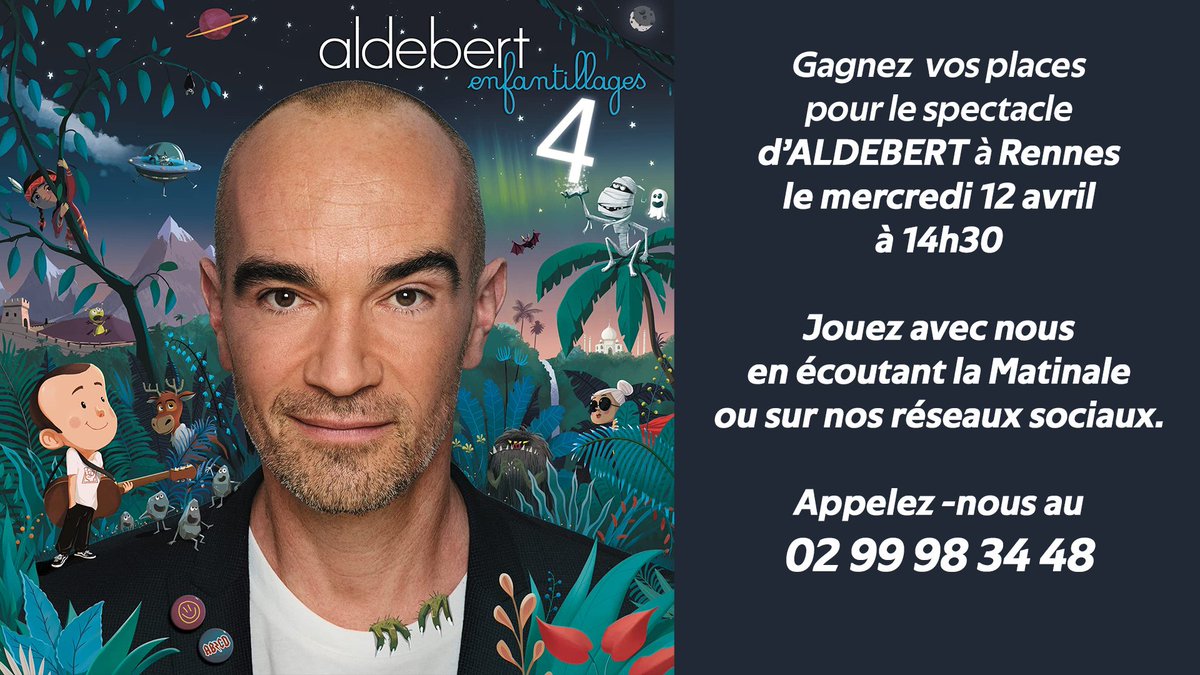 #Jeu #Concours 

Gagnez vos places pour assister au spectacle d' #Aldebert à #Rennes le 12/04 prochain
 
Pour cela, retweetez🔁et suivez▶️
<a href="/radiosoleil35/">Radio Soleil 35</a>
 
&gt; Tirage au sort prévu ce 31 mars
Bonne chance☘️