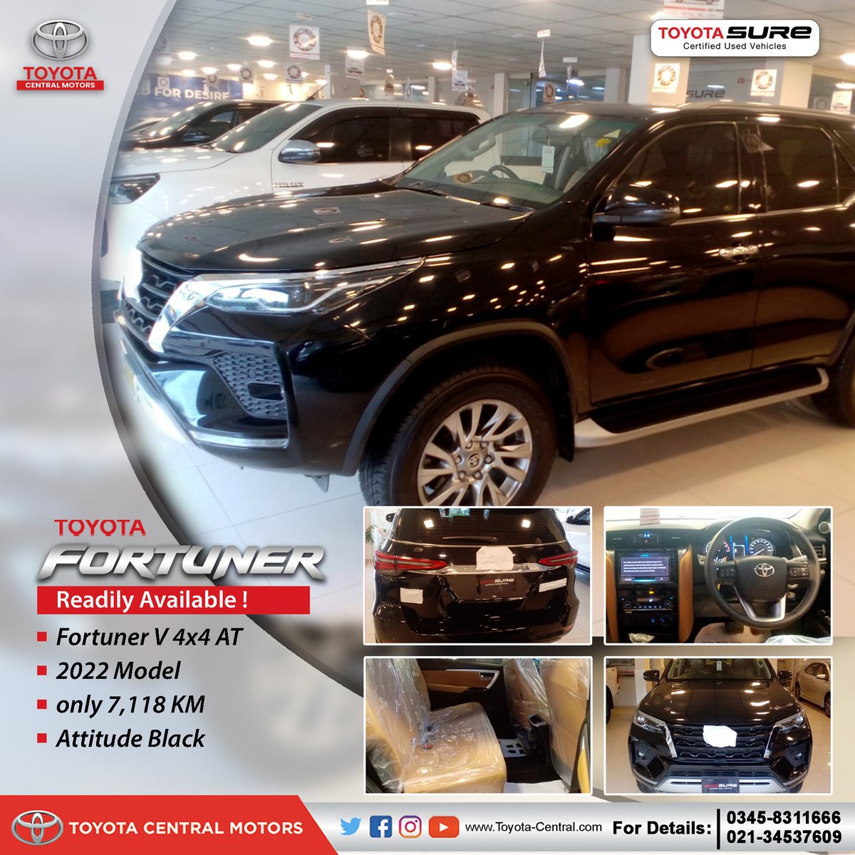 ToyotaCentralM2's tweet image. Toyota Central Motors is offering the Readily Available Fortuner V AT 2022 Model with the mileage of only 7,118km. Condition is just like brand new!
For price &amp;amp; details, call us at 021-34537609 &amp;amp; 0345-8311666
#toyotacentralmotors #ToyotaFortuner #readilyavailable #Tsure