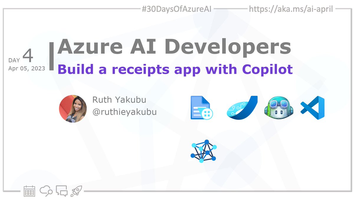 kasuken's tweet image. 🏁Day 4 of #30DaysOfAzureAI. Today, we&apos;re diving into GitHub Copilot and Azure #FormRecognizer to build a receipts app. Learn how Copilot can increase productivity.. azureaidevs.github.io/hub/2023-aia/d… #AzureAiDevs #AI #CognitiveServices #IntelligentApps #GitHubCopilot