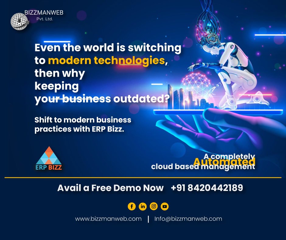 BizzmanW's tweet photo. Modernize your business! Make informed decisions in your manufacturing segment with real-time data on resources, quality, pricing, inventories, the supply chain, and logistics with #ERPBizz - cloud based erp solution. Call us at 8420442189 to get a free consultation! https://t.co/ABAQcBhv04