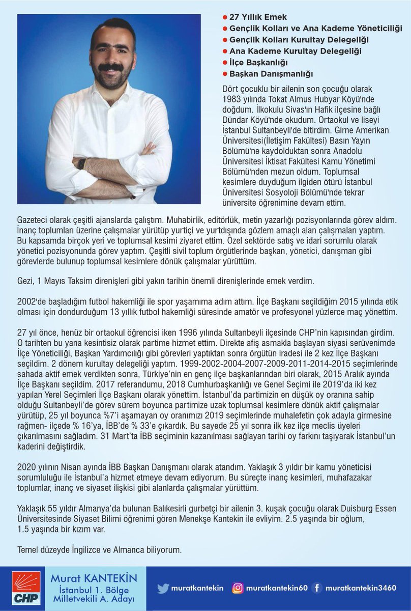 muratkantekin's tweet photo. İyi haftalar güzel insanlık 😊
* 27 yıllık kesintisiz emek
* Gençlik ve Ana Kad.Yön.
* İlçe Bşk.
* Kurultay Dlg.
* Bşk.Danışmanı
* Futbol Hakemi
* Gazeteci
* STK Yöneticisi
* Kamu Yön.
* Sosyoloji
emekten gelen tüm birikimimle CHP Mv.Adaylığı sürecinde desteğinizden onur duyarım. https://t.co/8dVExYJMy5