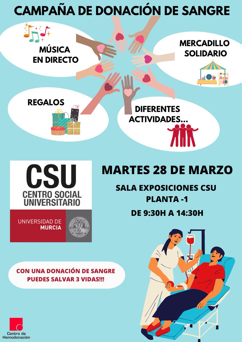 🩸CENTRO REGIONAL DE HEMODONACIÓN 🅰️🅱️🅾️🆎 (@donarsangremu) on Twitter photo Cita con la VIDA, con la SOLIDARIDAD en el <a href="/CentroSocialUMU/">Centro Social UMU</a> de la <a href="/UMU/">Universidad Murcia</a> ,diferentes actividades, música en directo, mercadillo solidario, regalos🎁
Si tienes entre 18-65 años, peso=>50kg, no tienes anemia y estás bien de salud, te esperamos para #donarsangre 💪
🗓️Martes 28 ⬇️ Cita con la VIDA, con la SOLIDARIDAD en el <a href="/CentroSocialUMU/">Centro Social UMU</a> de la <a href="/UMU/">Universidad Murcia</a> ,diferentes actividades, música en directo, mercadillo solidario, regalos🎁
Si tienes entre 18-65 años, peso=>50kg, no tienes anemia y estás bien de salud, te esperamos para #donarsangre 💪
🗓️Martes 28 ⬇️