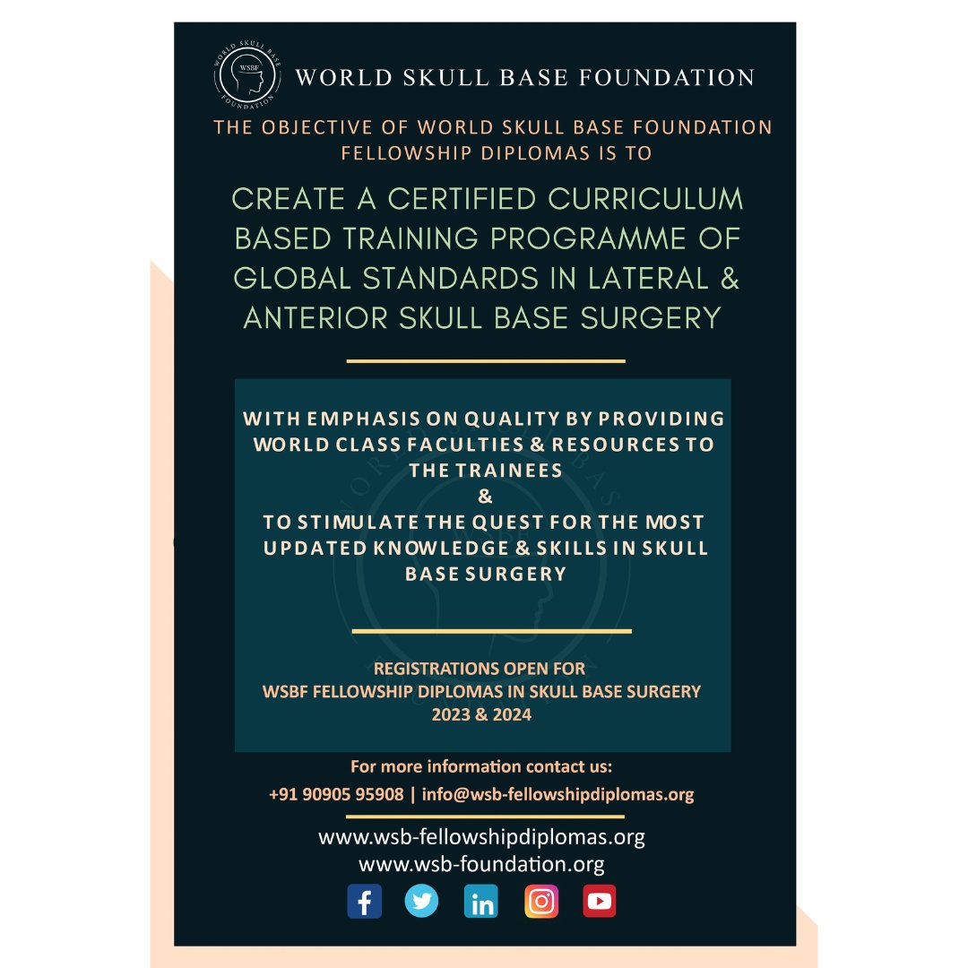 worldskullbase's tweet photo. 🔺Registration Closes Soon for 2023 & 2024! Hurry! Reserve your slots now!
🔷Registration (LSBS): https://t.co/jjZ3BBJAVW
🔷Registration (ASBS): https://t.co/nLQOYb9eFX
#worldskullbasefoundation #wsbf #skullbasediploma #skullbasesurgery #lateralskullbase #anteriorskullbase https://t.co/uoUyQabaED