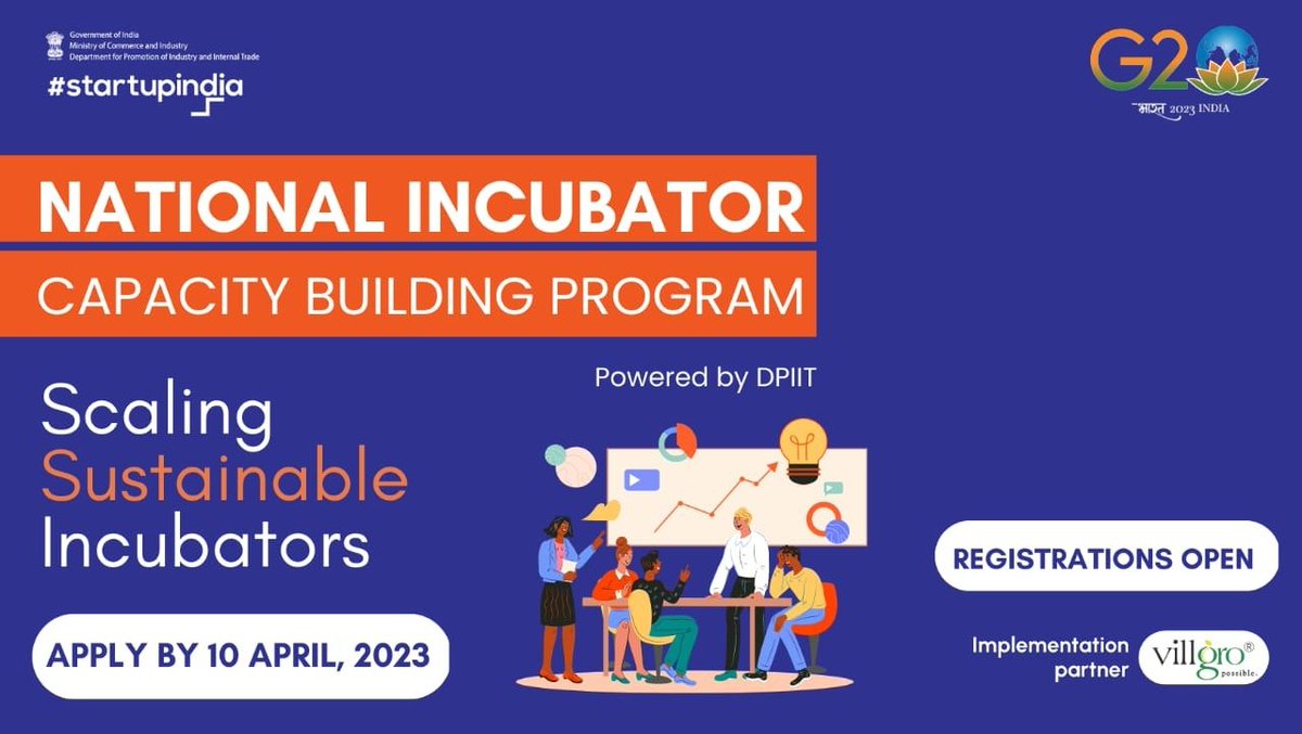 startupindia's tweet image. Deadline Extended!

The #NationalIncubator #CapacityBuildingProgram, powered by DPIIT, GoI is a hands-on training program designed for the management team of #incubators, which will act as a growth hack for incubators.

Apply now: bit.ly/3kBKttv

#Startup #StartupIndia